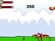 Dragon Hunters free online game screenshot showing a large dragon breathing fire onto a group of people and structures below in a destructive action game on PlayArcadeHub.
