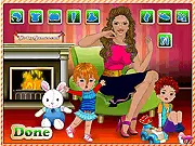 The Mother and Twins Dress Up game screen showing a stylish mother standing between her two twin daughters, all wearing perfectly coordinated, fashionable outfits.