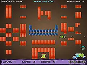Screenshot of Bugs Got Guns free online game, showing two bug characters with weapons defending an apple from incoming enemies.