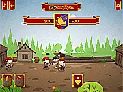 The Solandia Uprising game screen, showing a 2D battlefield with two opposing camps—one being the player's 'Uprising' forces and the other the 'enemy camp' or 'final Castle.' Various soldier units are shown clashing in the middle lane.