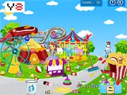 Sofia's Theme Park Clean Up free online game screenshot showing a girl cleaning up a messy, colorful amusement park with a pile of garbage and scattered toys