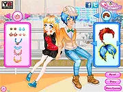Date After School game screen showing a cute high school couple dressed up for their first date with fashion clothes and accessories, couple dress up game