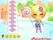Candy Girl Dress Up free online game featuring a girl model and a selection of colorful, candy-themed dresses, skirts, and accessories.