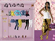 Keke Palmer Dress Up game screenshot showing the star in a partially completed glamorous outfit with a selection of dresses, shoes, and hairstyles available to choose from.