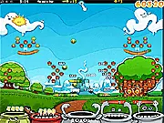 Papa Birne free online game screenshot, launching a pear projectile toward targets in a colorful physics puzzle