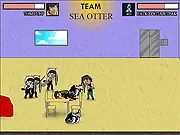 Screenshot of Newgrounds HQ Showdown free online beat 'em up game showing a character fighting against a team of cartoonish enemies