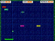 The paddle hitting a ball to smash multiple colorful bricks in the free online arcade game Super Brick Breaker
