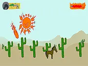 Sundown Dash free online game screenshot showing a desert character running past a fireball and kicking a cactus