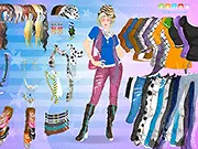 Susan Autumn Dressup online game screenshot showing the cute fashion girl Susan posing in an elegant fall outfit surrounded by autumn colors and leaves on PlayArcadeHub.