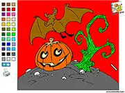 Color Halloween free online game scene featuring a pumpkin, a bat, and dead trees on PlayArcadeHub