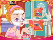 Screenshot of Kiss Me Baby game showing Alice getting a facial treatment and then a selection of dresses for her date, free beauty and dress up game online