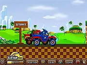 A screenshot from the 2D side-scrolling racing game Sonic Truck Wars, showing Sonic driving a large, blue monster truck and Knuckles driving a red one, racing across a bumpy, dirt track while collecting golden rings.