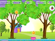 The main screen for the online skill game Fruits Collection, showing colorful fruits falling down toward the catcher at the bottom.