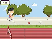 A happy cartoon character running quickly and jumping over wooden crates and barriers on a bright, colorful city sidewalk track in the free Happy Marathon online game.