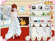 The bride Belinda wearing a beautiful white wedding dress and a warm shawl, surrounded by a snowy landscape in the free Snowy Wedding dress-up game.