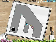 Gameplay screenshot of Pencil Panic 3 showing a gray marble rolling through a maze of sharp, red-tipped pencils on a white paper background.