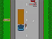 The Postman character driving a small delivery vehicle through a busy city street, dodging other cars