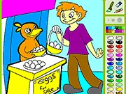 Fresh Eggs Coloring free online game screenshot showing a black and white outline of a farm scene with a farmer and a chicken