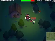 Lumberjack vs Treehuggers online defense game screenshot showing a lumberjack defending a cabin from enemies.