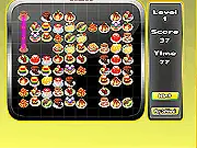 A game screen of Cafeland Connect showing various pairs of food tiles like donuts and burgers ready to be matched and connected