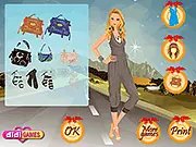 Screenshot of Stylish Jumpsuits Dress Up game showing a model wearing a fashionable, brightly colored jumpsuit with various accessories laid out for selection