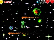 Call Of Chutly free online arcade game screenshot: a monster entity eating a planet while avoiding meteors