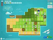 Treasure Sweeper online puzzle game screen showing a pirate treasure map grid with numbered squares.