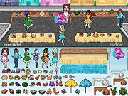 Yummy Market Decoration free online game screenshot, tables filled with pizza, hot dogs, and fruit, food styling game