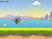 Screenshot of the Fast Dragon game showing a small green dragon leaping between floating platforms in a colorful sky environment, collecting yellow stars