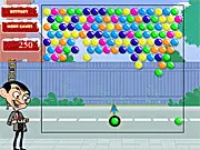 Mr. Bean Bubble Shooter free online game featuring Mr. Bean aiming a cannon at a cluster of colorful candy bubbles