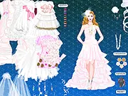 Beautiful bride character wearing a chic, short wedding dress with a veil and holding a bouquet in the free online dress up game
