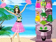 Young lady in a tropical outfit with a lei and hibiscus flower ready to perform a summer beach dance in the free Hawaii Summer Fun game