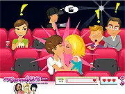 Movie Kissing Game Online screenshot showing a couple kissing secretly in a movie theater