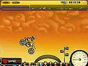 A 2D side-scrolling motorbike game showing a biker attempting to traverse a treacherous, high-up obstacle course of wooden planks in the free online game Devilish Moto Trial.