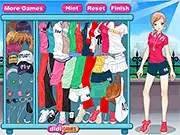 Screenshot of Casual Sport Suits online dress-up game, showing a female character wearing a chic athleisure outfit with a tracksuit and stylish sneakers.