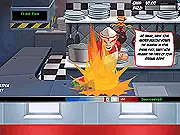 A cartoon screenshot of the Sizzlefist game showing a flaming fist hovering over a plate of food, with a gauge indicating the temperature or cooking progress, aiming for the perfect tip amount.