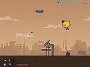 A retro-style 2D side-view of a base under attack by alien ships, with a character running on platforms, shooting, and strategically placed turrets providing defense in the free online game Artillerize.