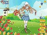 A sweet girl, Little Mathilde, standing in a field of colorful blooming tulips with traditional Dutch windmills in the background, in the dress-up game Netherlands Spring.
