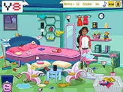 Screenshot of Elena Room Cleanup game, showing a messy pink princess bedroom with items scattered on the floor and a clock timer.