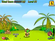 Volcano Game free online game screenshot, character jumping to avoid a falling rock while collecting a fruit