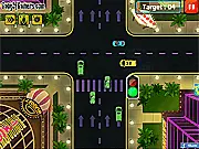 Screenshot of Traffic Frenzy: Vegas game showing a chaotic intersection with multiple colorful cars and a 'Frenzy' warning sign.