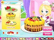 Screenshot of Happy Cake Maker HD Online showing a decorated cake with colorful frosting, cherries, and sprinkles, surrounded by decoration tools