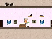 Gameplay screenshot of Babushka: Caturday Online, showing an old woman (Granny) in a cluttered, colorful room searching for her hidden cats.