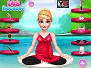 Screenshot of Anna Yoga Makeover game showing the Frozen princess Anna in a yoga pose receiving a facial mask with various spa tools visible on screen