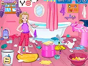 Screenshot of Little Girl Bathroom Cleaning game, showing a messy bathroom with toys, towels, and garbage scattered on the floor and sink.
