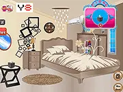 Screenshot of Princess Aurora Modern Room Decor game, showing a room with a bed, wardrobe, and various furniture items ready to be placed.