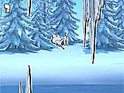 Olaf from Frozen flying between ice pillars in the free online arcade game Flappy Olaf on PlayArcadeHub.
