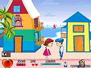 Beach House Kiss online game screenshot, young couple secretly kissing on the beach on PlayArcadeHub