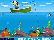 Screenshot of Mr. Bean Fishing free online game showing Mr. Bean on a dock with a fishing line, aiming to catch fish in the water.