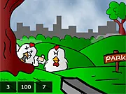 Screenshot of Chicken Wars Flash shooter game, showing a character fighting off a large group of ruthless chicken soldiers on a battlefield.